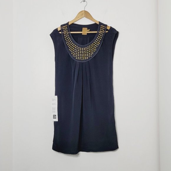 Ali-Ro Cap Sleeve Mini Shift Dress Black Studded Neckline Pockets Womens NWT 2 - Picture 1 of 10